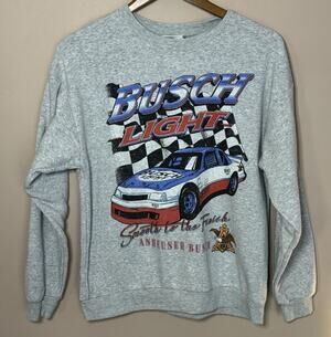 Busch Light Mens Small Crew Neck Grey Vintage-Style Sweatshirt Pullover Racecar
